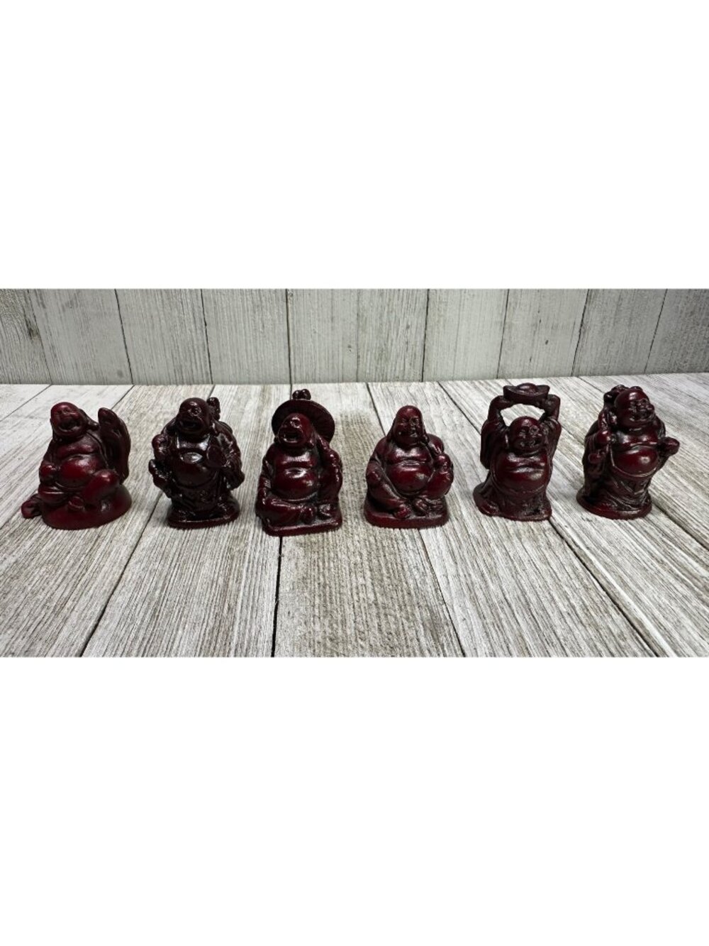 Vtg Chinese Buddha Carved Figurines and Mirror Sculpture Statue 2" Tall Set 6